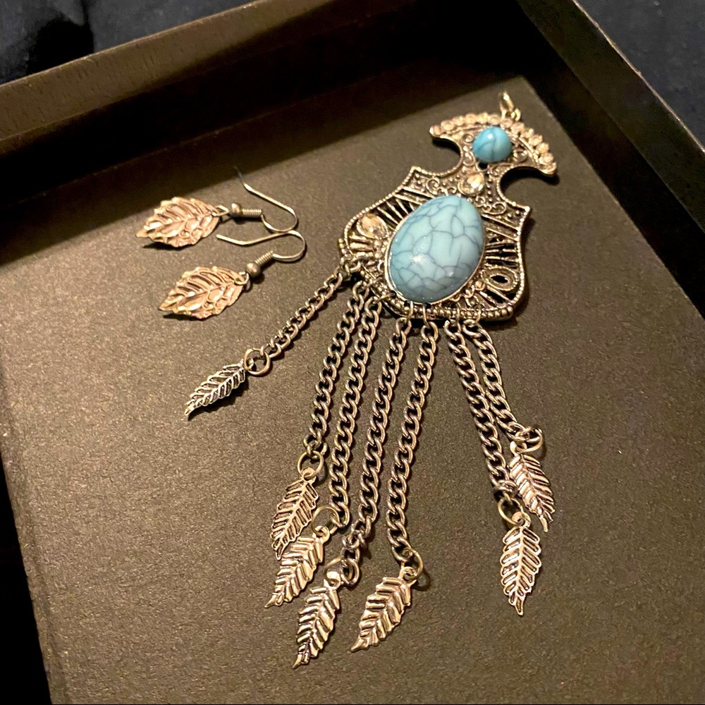 Silver and Turquoise Color Pendant w/ Matching Earrings - Southwest Style/Boho